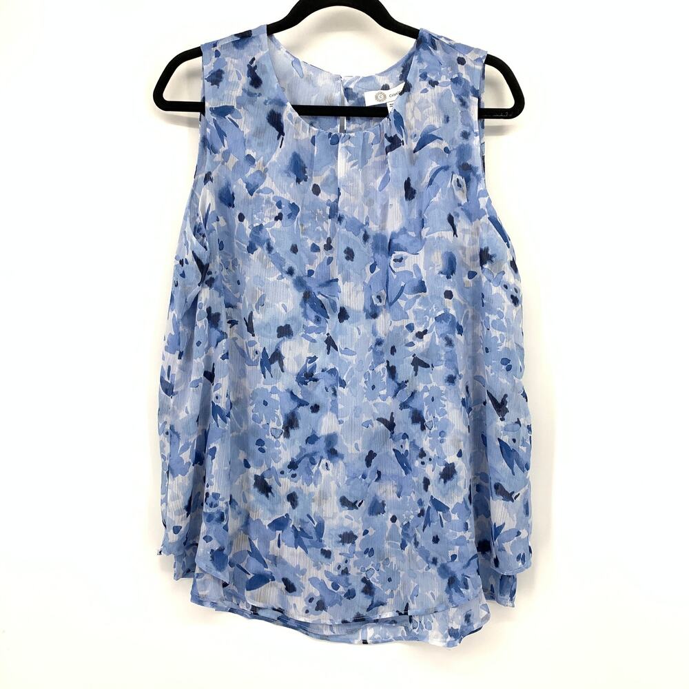 Cristina B Sleeveless Blouse Womens Size Large Blue White Floral Print NEW